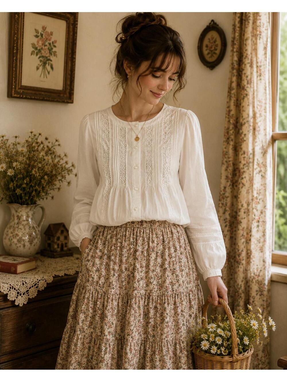Caslon White Lace Pintuck Peasant Blouse Women’s Size Small Boho Cottagecore